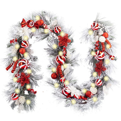 WANNA-CUL Pre-lit 9Feet /108 Inch Christmas Garland with Lights for Front Door, Red Gold Ligthed Christmas Mantel Garland Decoration with Ball Ornaments, Battery Operated 50 LED