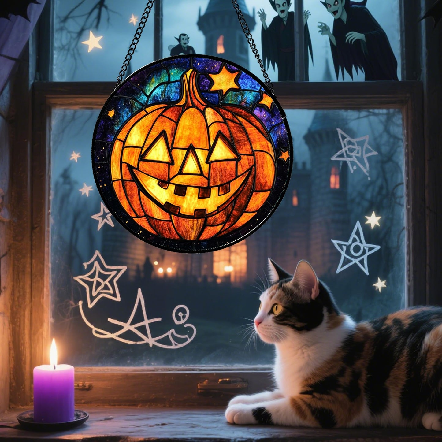 Stained Glass Window Hanging, Halloween Decorations Evil Pumpkin Suncatcher for Doors Garden Indoor Spooky Funny Orange Sun Catchers Gothic Decor Horror Gifts for Women Men Friend 15 in