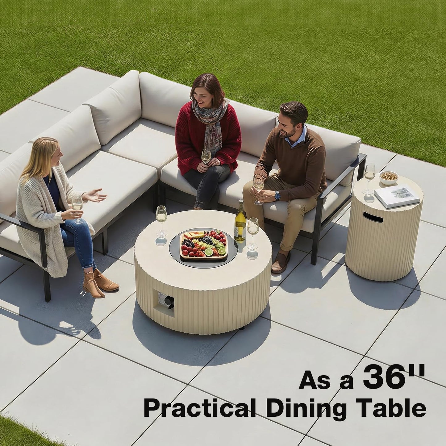 31.5 Inch Round Propane Fire Pit Table - Concrete Round Fire Bowl 50,000 BTU Natural Gas Firepit Burner with Steel Lid, Lava Rocks, Waterproof Cover for Outside Patio, Backyard, Party