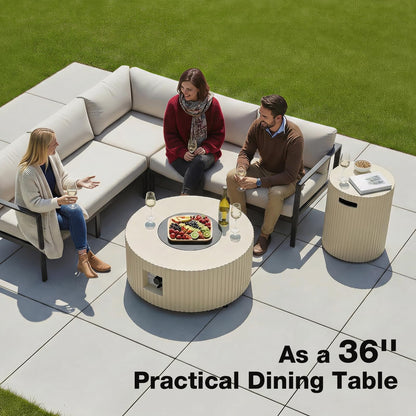 31.5 Inch Round Propane Fire Pit Table - Concrete Round Fire Bowl 50,000 BTU Natural Gas Firepit Burner with Steel Lid, Lava Rocks, Waterproof Cover for Outside Patio, Backyard, Party