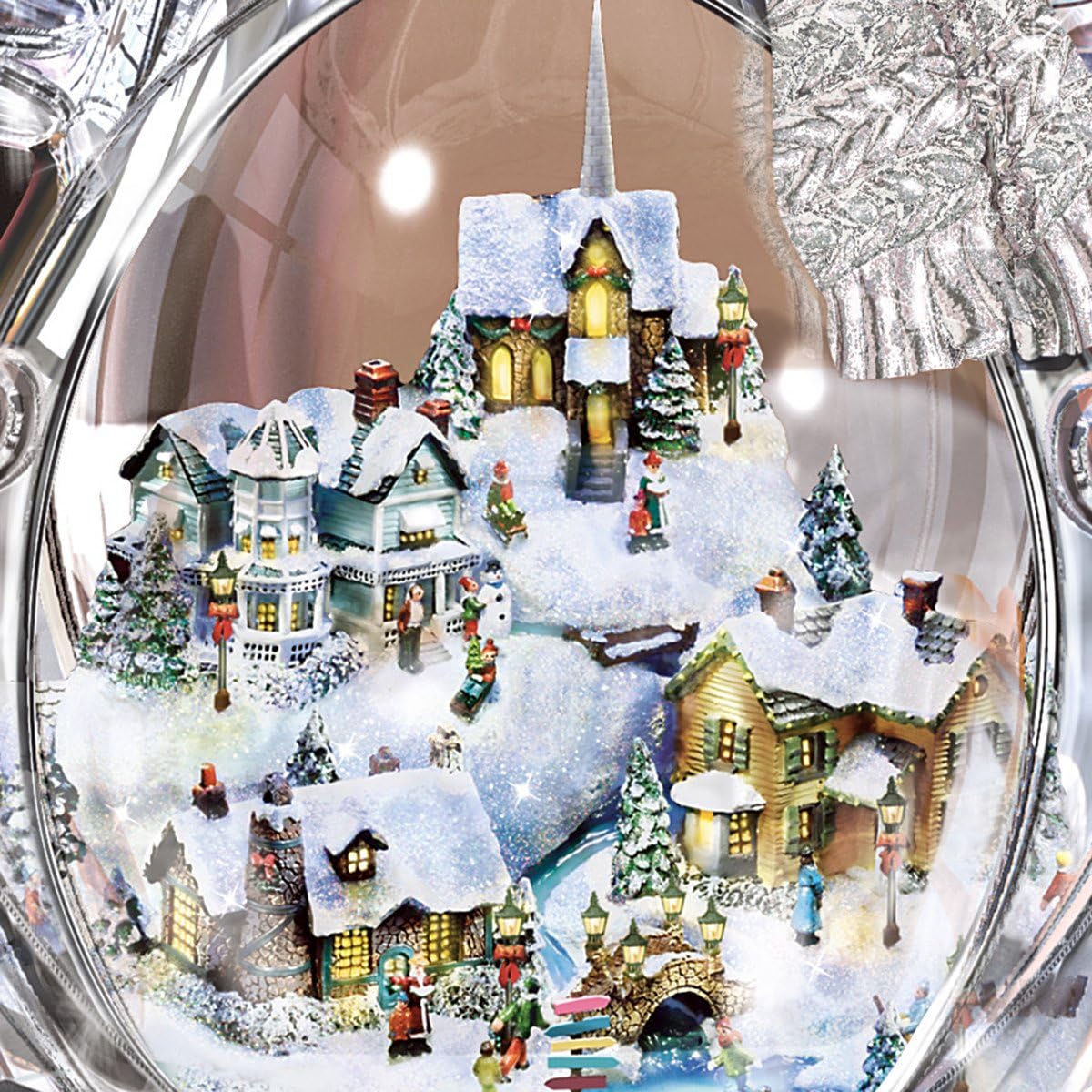 Thomas Kinkade White Christmas Crystal Snowman, Handcrafted Figurine with Lighted Village and Moving Train, Bradford Exchange Collectible