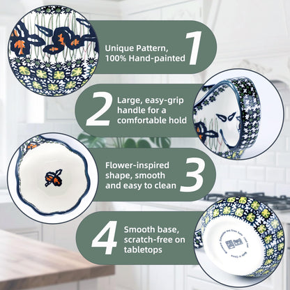 ALMA Handpainted Microwavable Soup Bowl with Loop Handle 18.6oz, Cereal Bowl With Handle Great for Berry, Fruits, Chili, Stew, Ice cream,Floral Soup Mug for Women