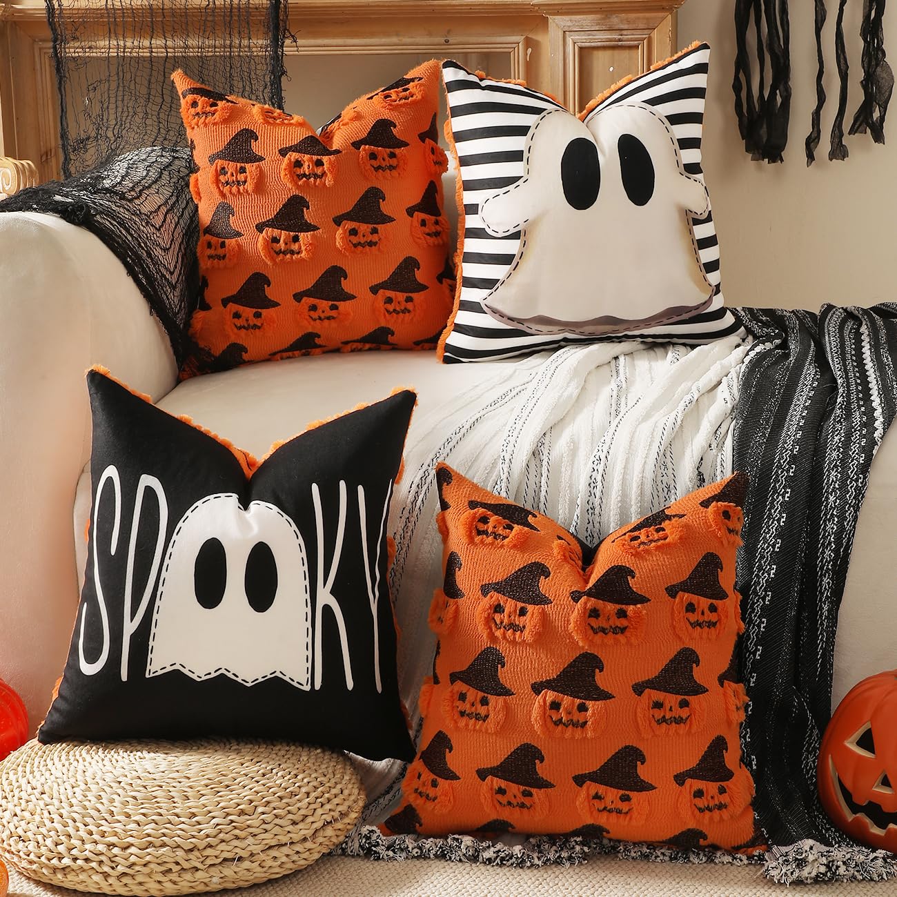 TOYPOPOR Halloween Decorations, 2 Packs Double Sided Ghost Pillow Covers, Soft Fur Throw Pillow Cases Indoor outdoor Pumpkin Couch Cushion Case for Fall Autumn Bedroom Living Room Home Decor 18''x18''