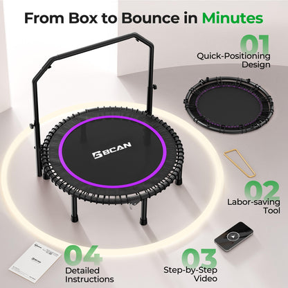 BCAN BT2 450/550LBS Mini Rebounder Trampoline for Adults with Bar, Fitness Trampoline with Bungees, Adjustable Handle, Stable & Quiet, Indoor Outdoor, Whole-Body Workout - 40IN/48IN | FED Fitness