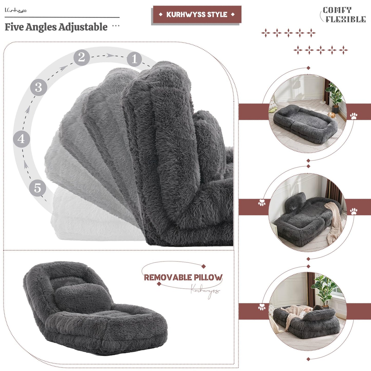 Upholstered Convertible Lounge Chair with 2 Soft Pillows