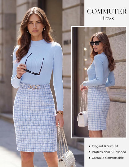 GRACE KARIN Women Long Sleeve Work Business Pencil Tweed Dress