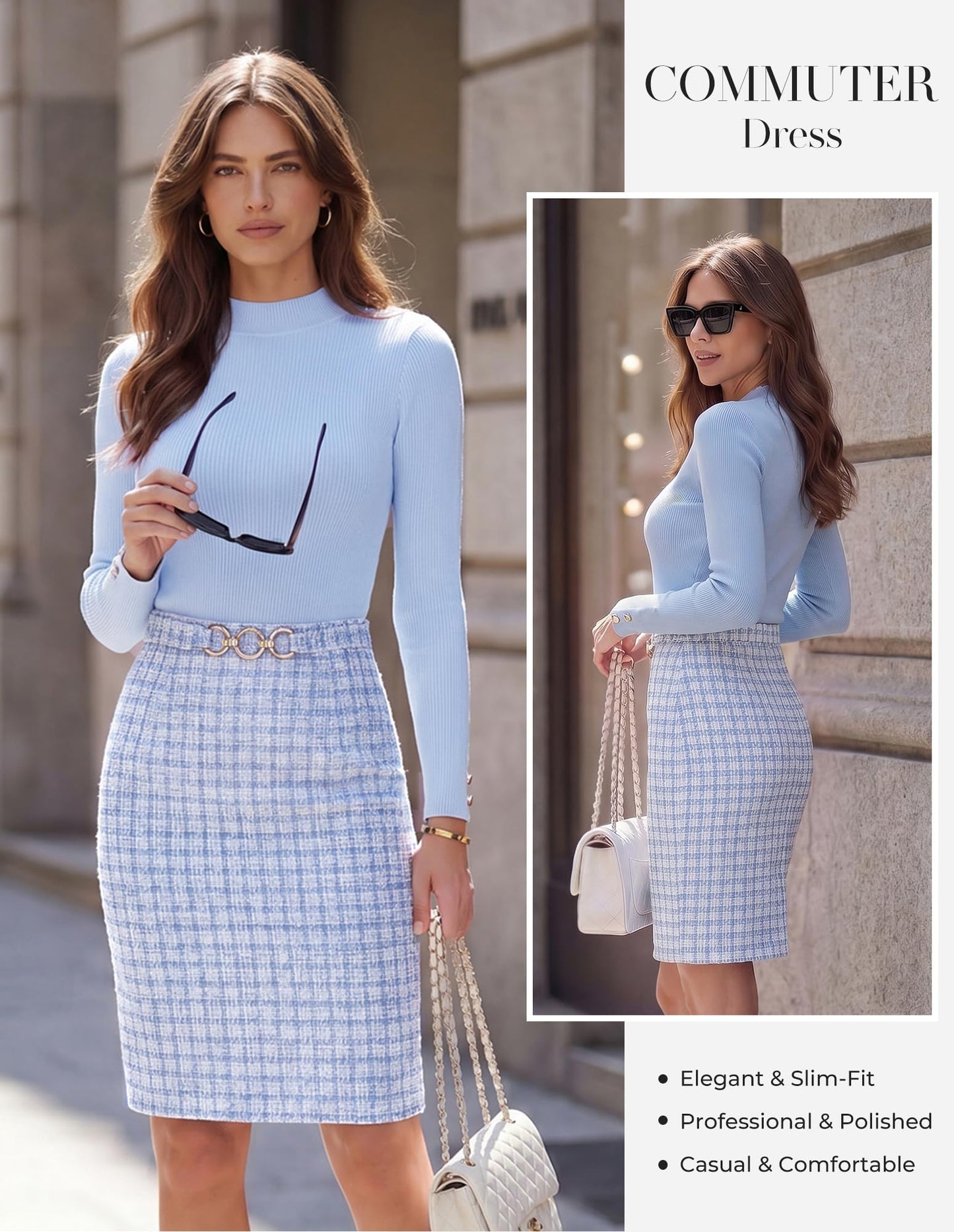 GRACE KARIN Women Long Sleeve Work Business Pencil Tweed Dress