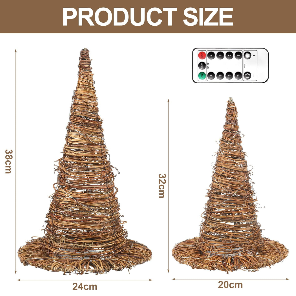 Leinuosen 2 Pcs Halloween Rattan Witch Hat Decor with String Lights Wicker Wizard Hats Woven Witch Hat for Indoor Outdoor Halloween Party Supplies Home Bedroom Garden Patio Backyard Decoration