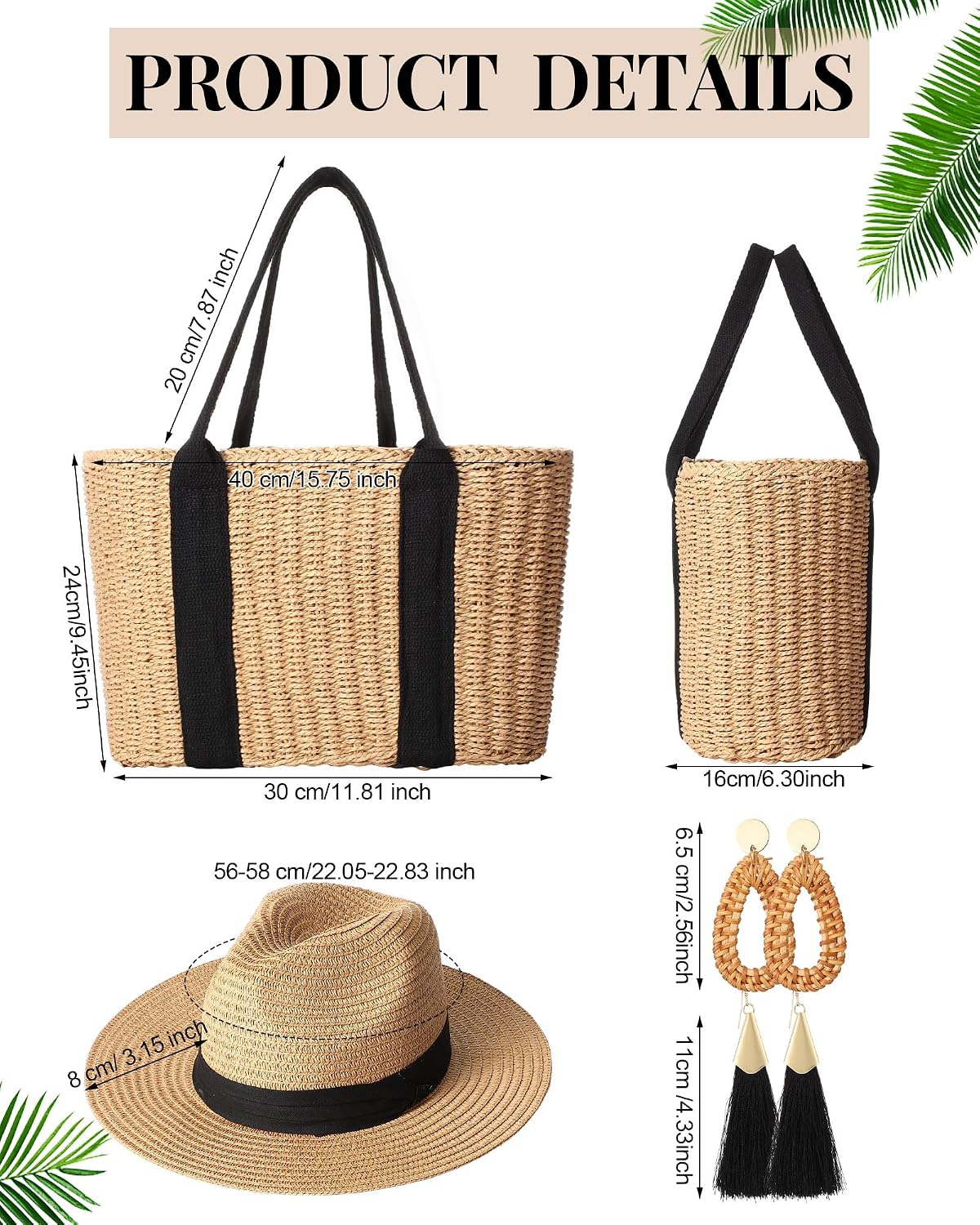 Glitopper 4 Pcs Straw Bag Woven Bag and Rattan Wicker Hat Tassel Earrings Set