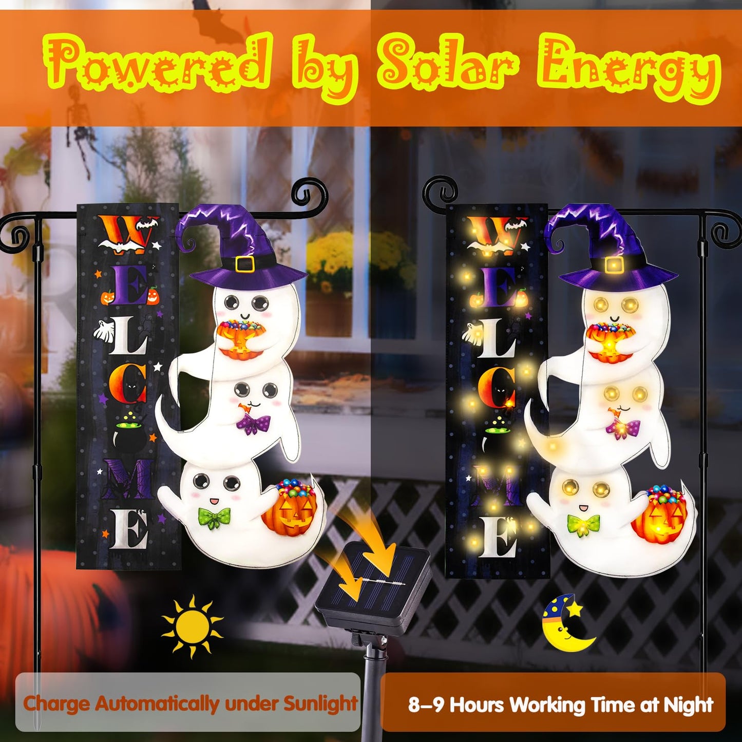 Halloween Lighted Garden Flag for Outside, Led Solar Yard Flag 8 Modes Witch Feet Shape Flag, 28x40 Double Sided Cauldron Eyeball Black Cat Decorations for Home Porch