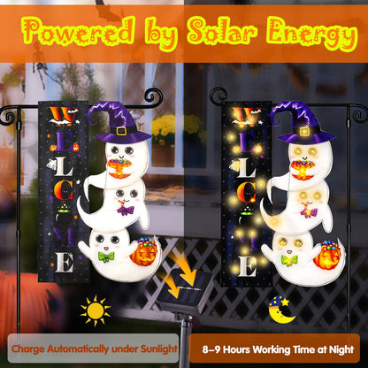 Halloween Lighted Garden Flag for Outside, Led Solar Yard Flag 8 Modes Witch Feet Shape Flag, 28x40 Double Sided Cauldron Eyeball Black Cat Decorations for Home Porch