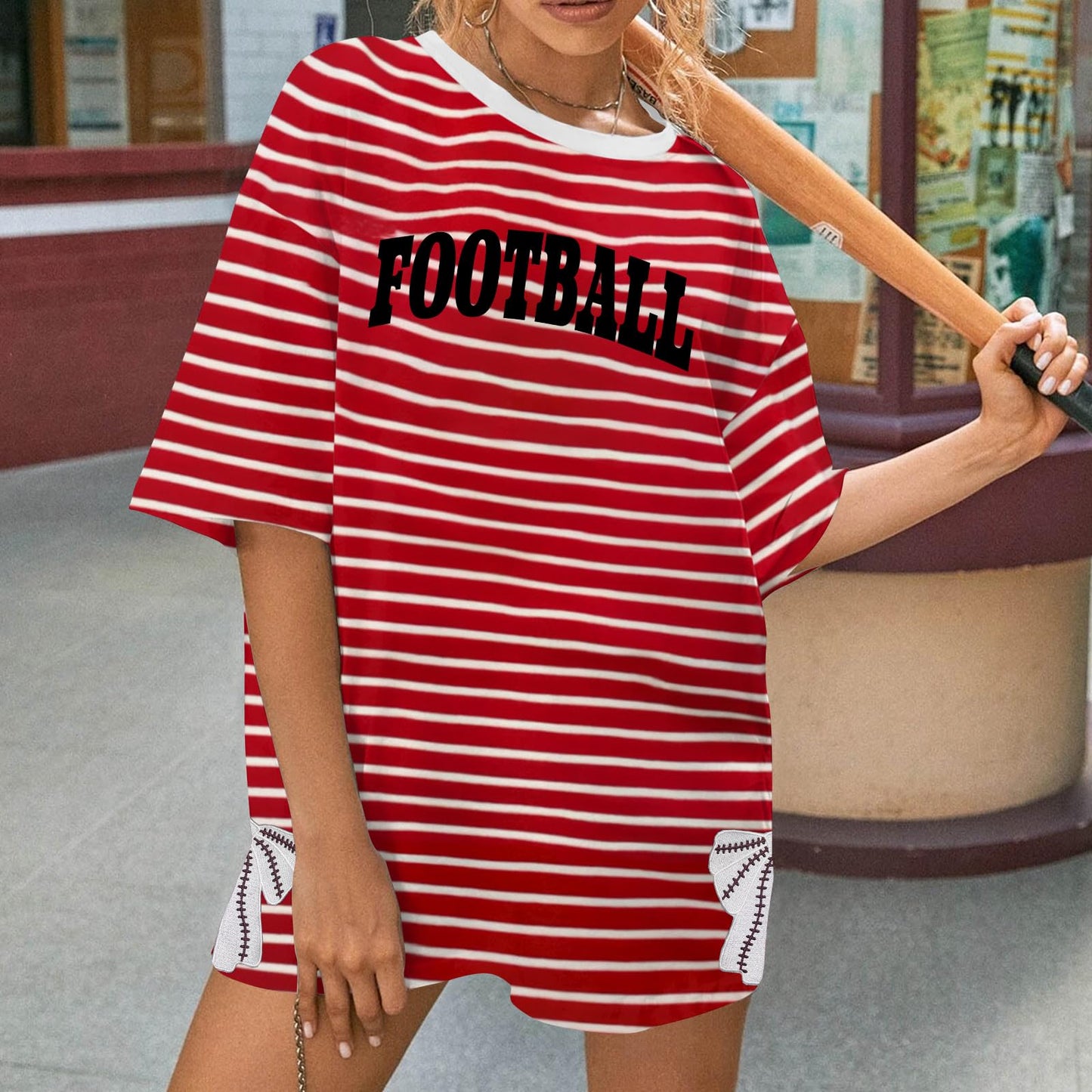 Football Shirts for Women Oversize Game Day T-Shirts Bow Side Split T-Shirt | Football Season Graphic Tee Tops Oversize Football Graphic Short Sleeve Tee Top