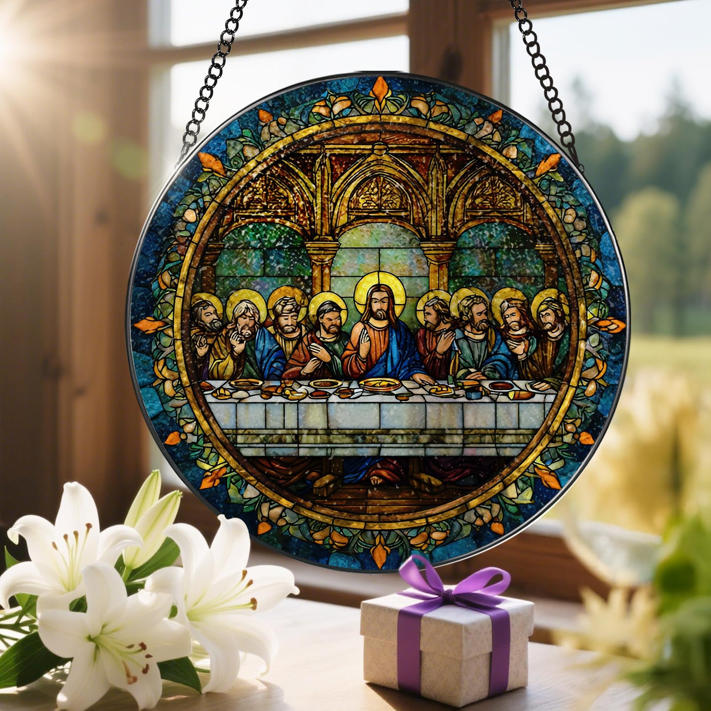 8-Inch Jesus with Cardinals Suncatcher Ornament, Stained Glass Window Hanging & Religious Christmas Ornament, Christian Window Decor — Memorial Gift, Christian Gifts for Her, Religious Gifts