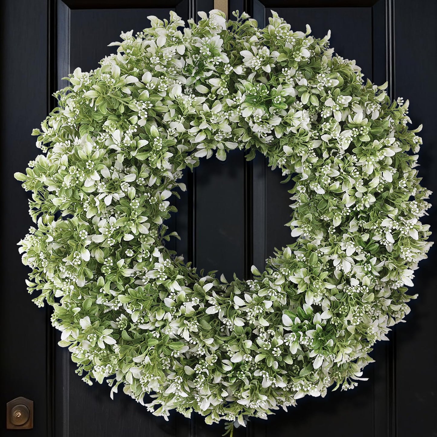 32" Large Artificial Boxwood Wreath for Front Door (White-Green) | Waterproof Fade Resistant,Premium Durable,Faux Aglaia Odorata Wreath,for Wall Window Farmhouse Outdoor All Seasons Decor