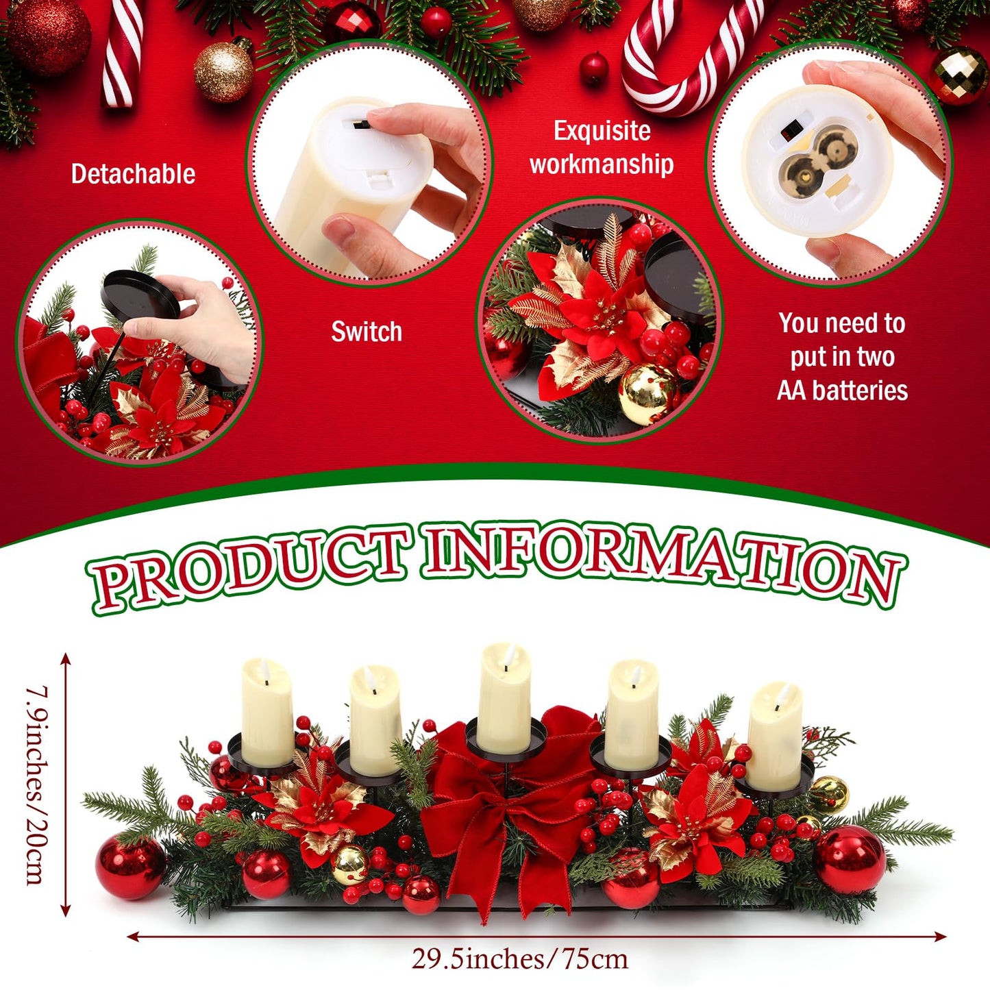 Funnymoom Christmas Tabletop Centerpiece 30 Inch Christmas Poinsettia Candle Holder with 5 Candle Artificial Table Decorations with Red Berries Gold Plants(Red Ball)
