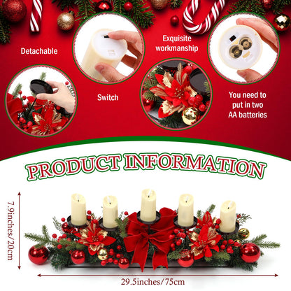 Funnymoom Christmas Tabletop Centerpiece 30 Inch Christmas Poinsettia Candle Holder with 5 Candle Artificial Table Decorations with Red Berries Gold Plants(Red Ball)