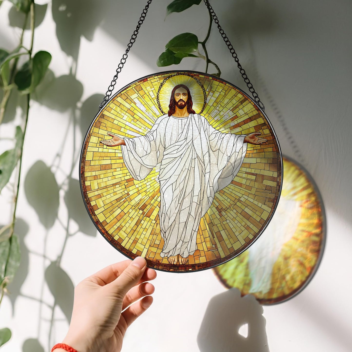 8-Inch Jesus with Cardinals Suncatcher Ornament, Stained Glass Window Hanging & Religious Christmas Ornament, Christian Window Decor — Memorial Gift, Christian Gifts for Her, Religious Gifts