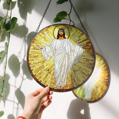 8-Inch Jesus with Cardinals Suncatcher Ornament, Stained Glass Window Hanging & Religious Christmas Ornament, Christian Window Decor — Memorial Gift, Christian Gifts for Her, Religious Gifts