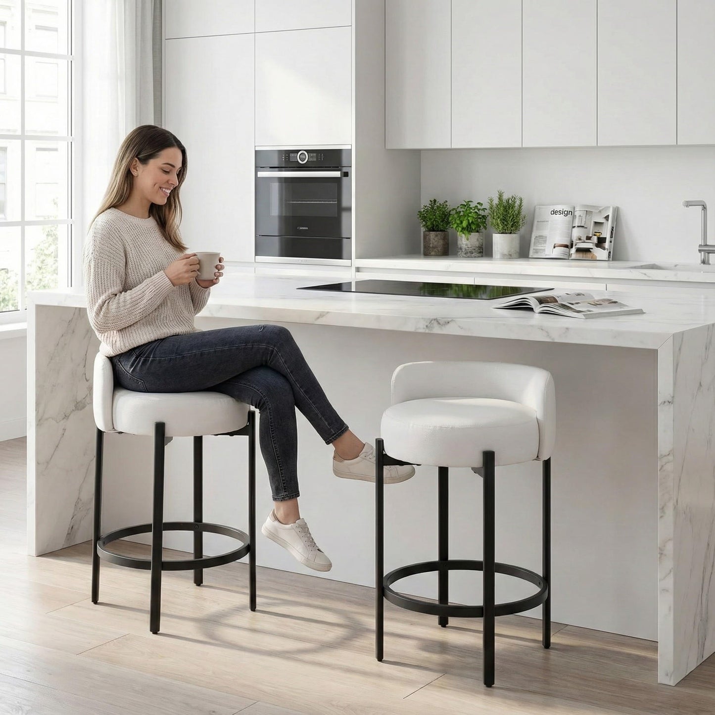LukeAlon Mid Century Linen Counter Stools Set of 4, Upholstered 26.5” Seat Height Low Barstools with Natural Wood Legs Round Low Back Kitchen Stools with Footrest for Dining Room, Beige