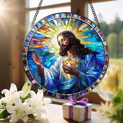 8-Inch Jesus with Cardinals Suncatcher Ornament, Stained Glass Window Hanging & Religious Christmas Ornament, Christian Window Decor — Memorial Gift, Christian Gifts for Her, Religious Gifts