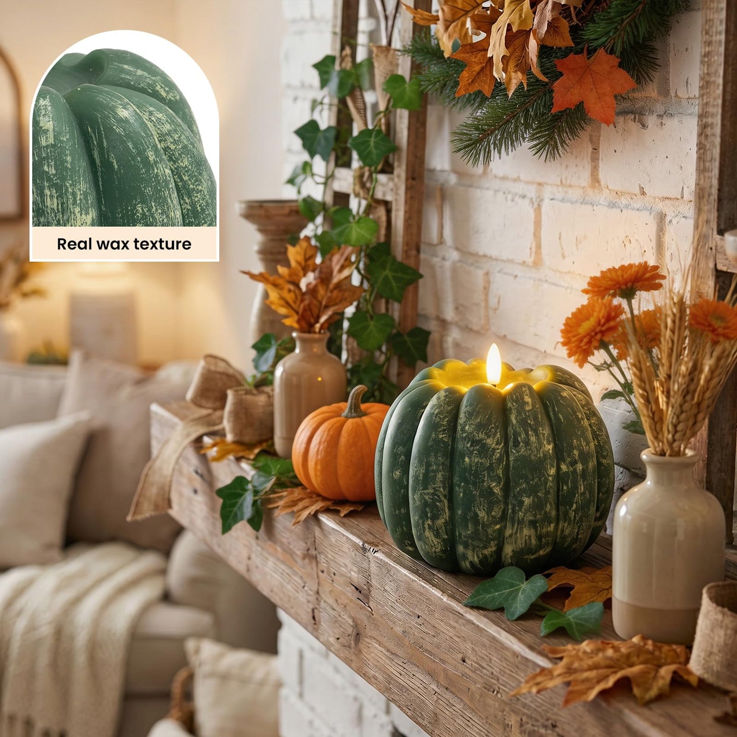 Fall Decor, Fall Decorations for Home - Flameless Pumpkin Candle with Timer Remote - Room Bedroom Table Farmhouse Decor for Halloween, Thanksgiving, Orange+White