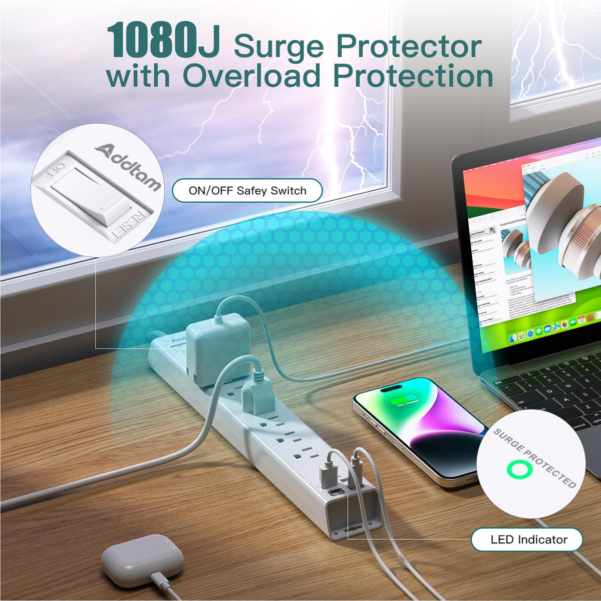 Addtam Power Strip Surge Protector - 15ft Long Extension Cord