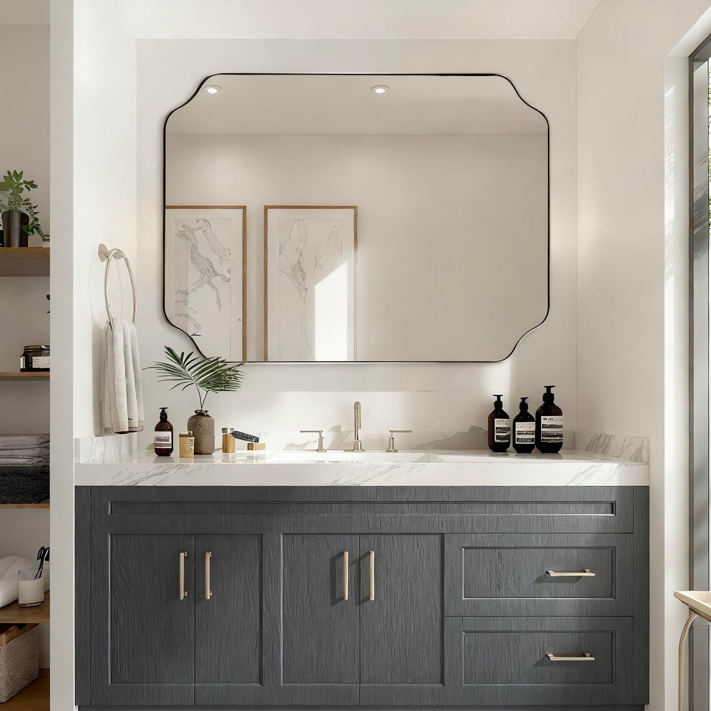 ANDY STAR Unique Rectangle Wall Mirror, 24"x32" Black Mirror, Modern Mirror with Aesthetic Scalloped Edge Design Ideal for Bathroom, Bedroom or Entryway, Thin Frame Deep 1’’