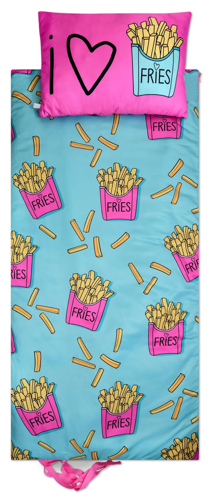 iscream Soft Cozy Fleece-Lined Fun Print Girls Sleeping Bag with Pillow | Snuggly, Integrated Handles, All Rolls Together for Ease, Machine Wash, 55" x 25", Fits Ages 4 to 10, Slumber Party Perfect