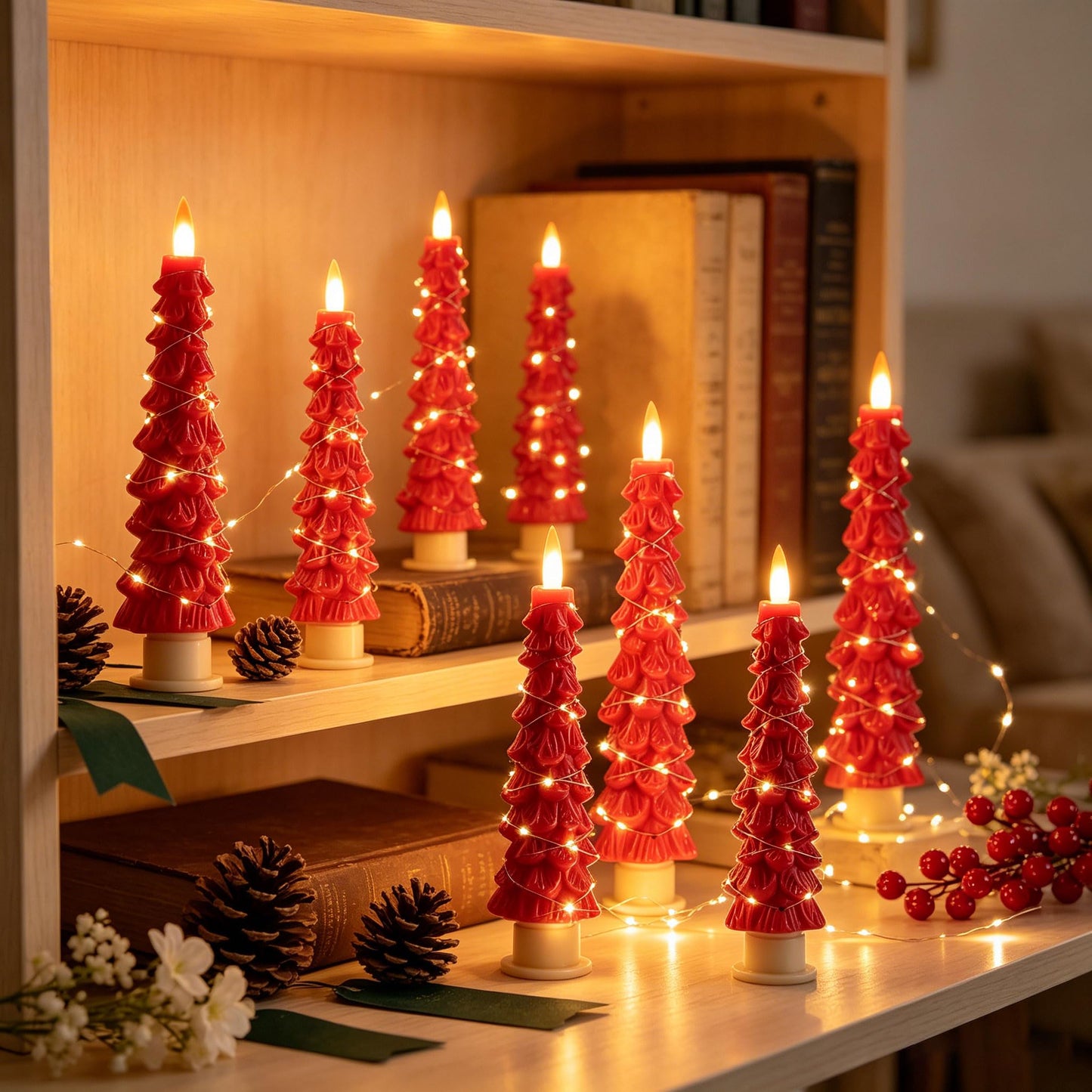 2 Pack White Christmas Tree LED Taper Candles, Flameless Flickering Candles with Copper String Lights, Upgraded Realistic Flame Effect, Battery Operated with Remote for Christmas Home Decoration