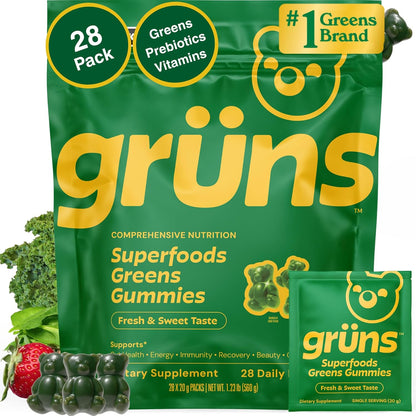 Gruns Adult Super Greens Multivitamin Gummies, Superfood Gummy Vitamins for Women and Men with Spirulina, Chlorella, Adaptogens & Prebiotic Fiber for Digestive Health (28 Count) (Pack of 2)