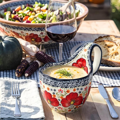 ALMA Handpainted Microwavable Soup Bowl with Loop Handle 18.6oz, Cereal Bowl With Handle Great for Berry, Fruits, Chili, Stew, Ice cream,Floral Soup Mug for Women