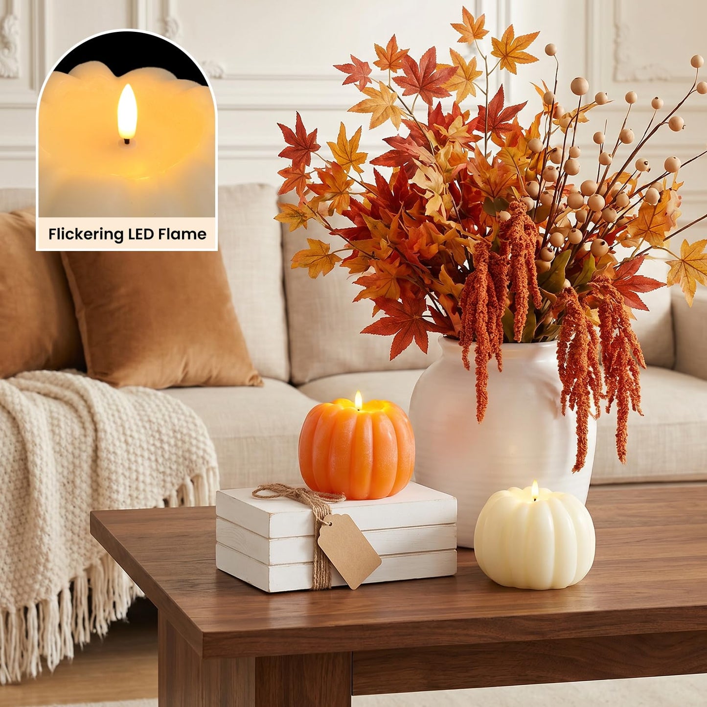 Fall Decor, Fall Decorations for Home - Flameless Pumpkin Candle with Timer Remote - Room Bedroom Table Farmhouse Decor for Halloween, Thanksgiving, Orange+White