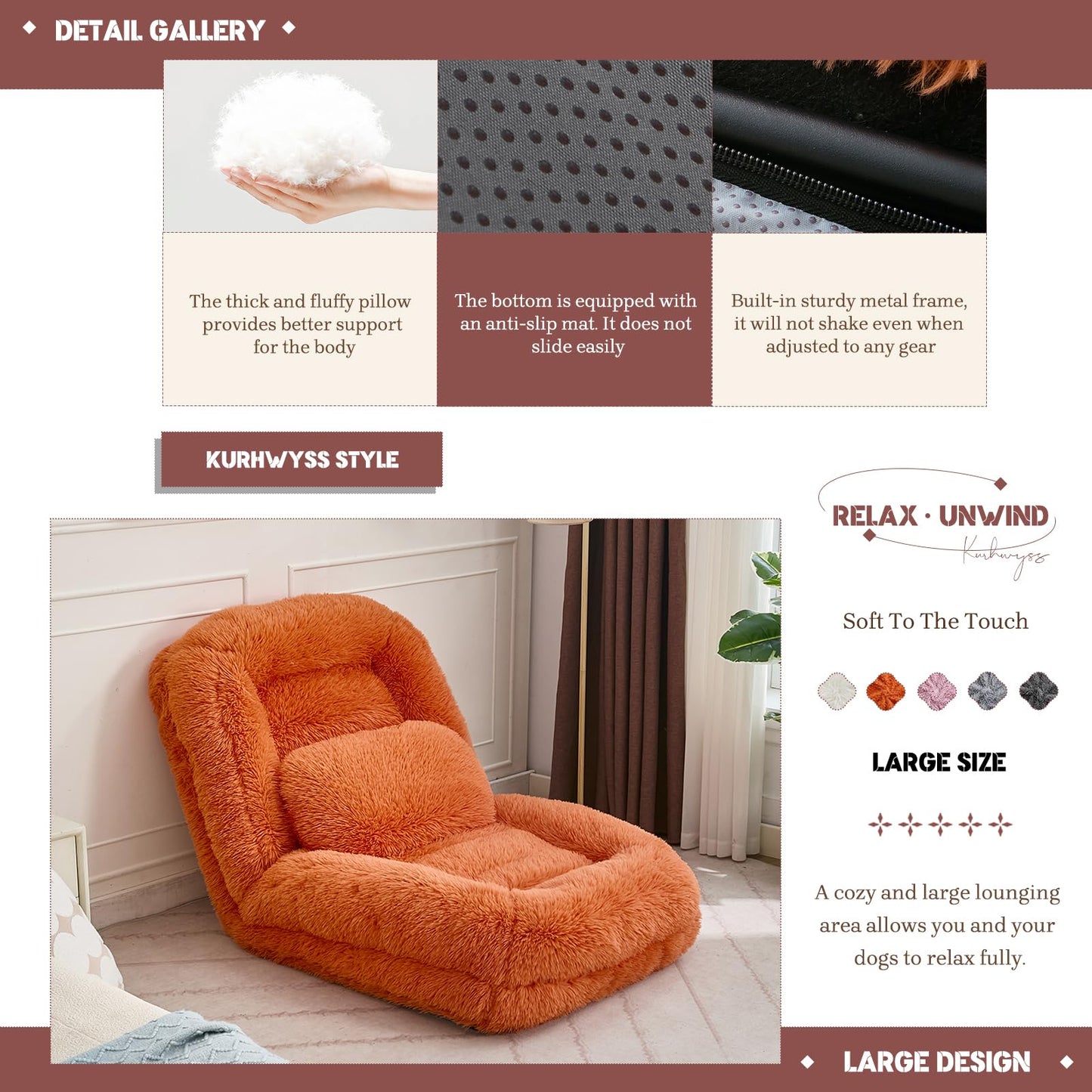 Upholstered Convertible Lounge Chair with 2 Soft Pillows