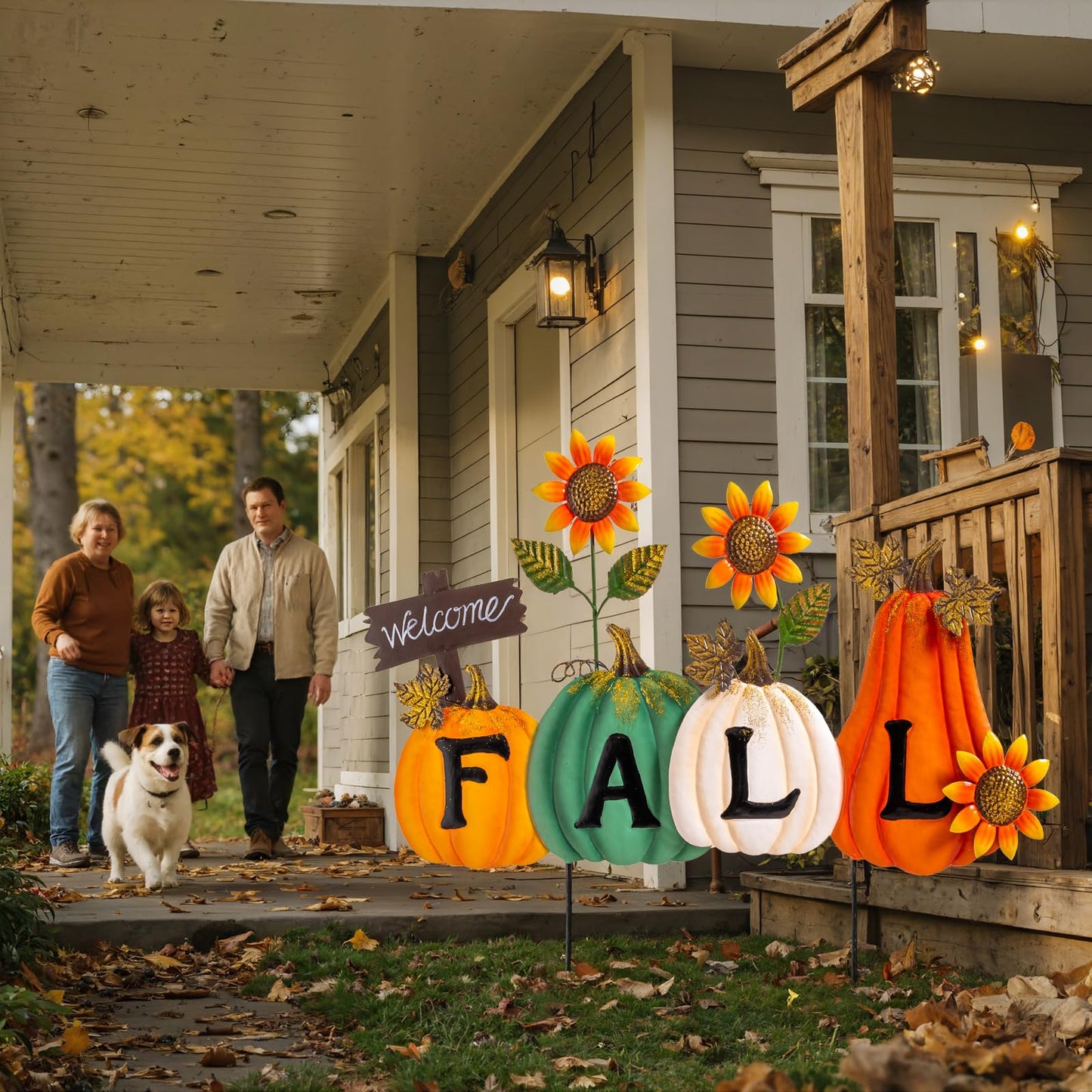 Lanpn Fall Garden Stakes Decorative, 3 Stacked Pumpkin Truck Waterproof Metal Yard Signs 2ft for Home Lawn Patio Porch Autumn Thanksgiving Harvest Season Outdoor Decor (Style 01, 11.4 x 29.9 inch)