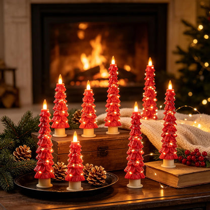 2 Pack White Christmas Tree LED Taper Candles, Flameless Flickering Candles with Copper String Lights, Upgraded Realistic Flame Effect, Battery Operated with Remote for Christmas Home Decoration