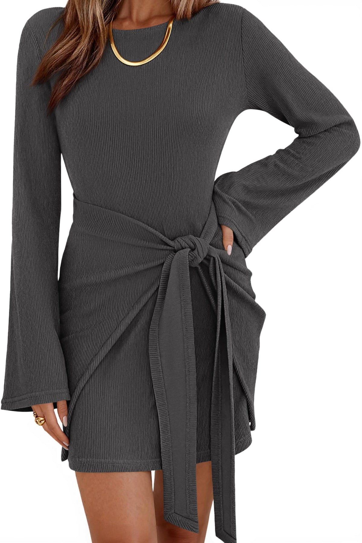 dowerme Women Bell Long Sleeve Tie Waist Bodycon Mini Dress