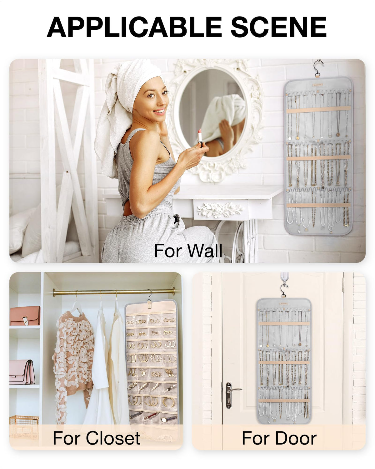 BAGSMART Hanging Jewelry Organizer Storage Roll with Hanger Metal Hooks Double-Sided Jewelry Holder for Earrings, Necklaces, Rings on Closet, Wall, Door, 1 piece, Medium, Pink