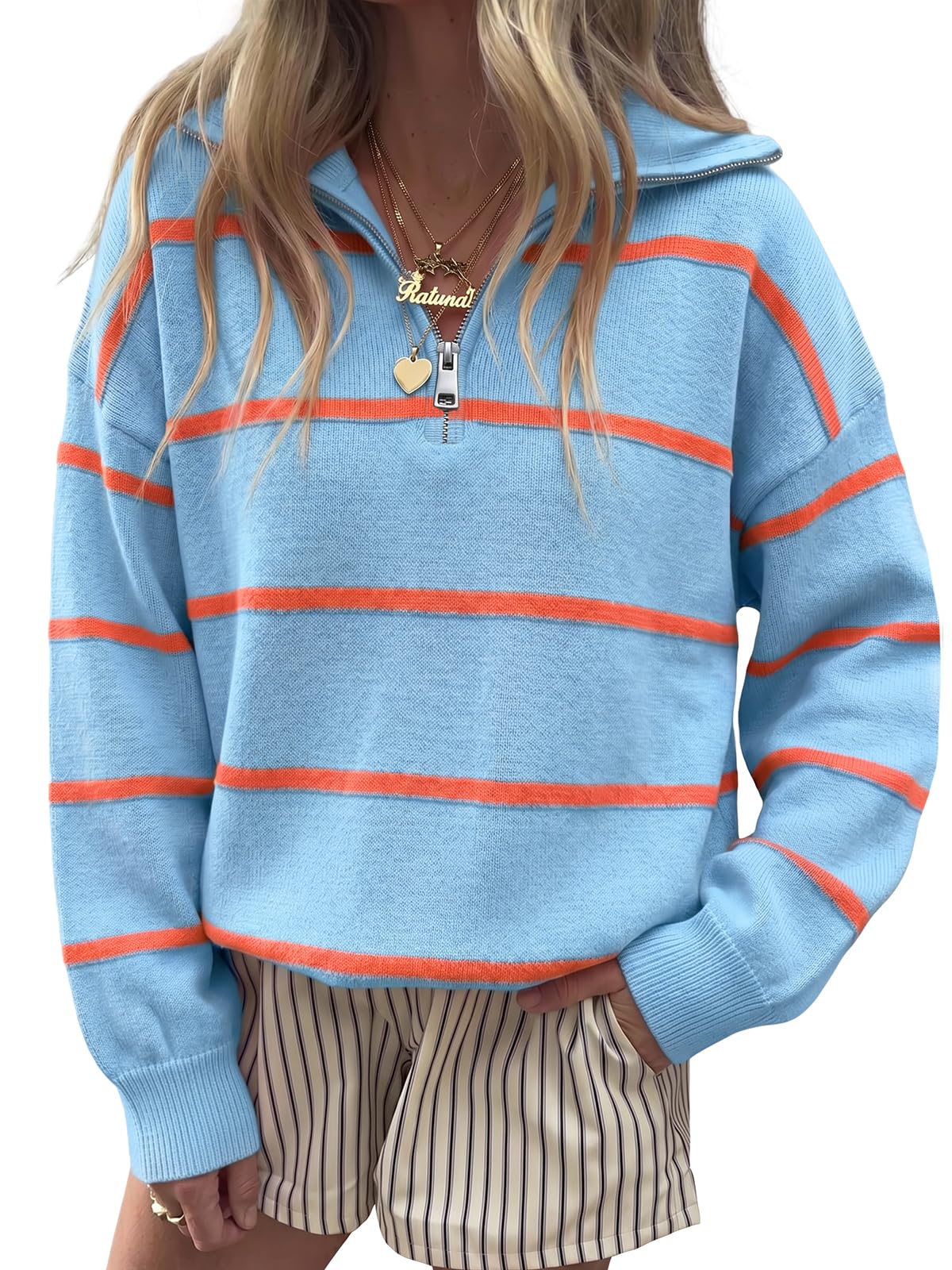 Fisoew Womens Quarter Zip Striped Sweater Oversized Turtleneck Pullover Top