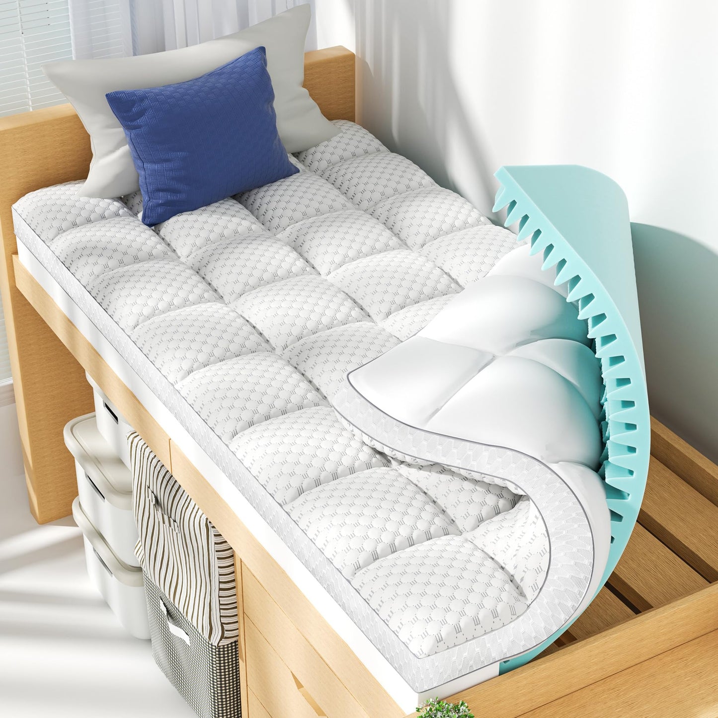 BEDELITE Dorm Room Essentials, Dual Layer 4 Inch Twin XL Memory Foam Mattress Topper for College Students Back to School, 2 Inch Pillow Top Mattress Pad and 2 Inch Cooling Gel Foam for Pressure Relief