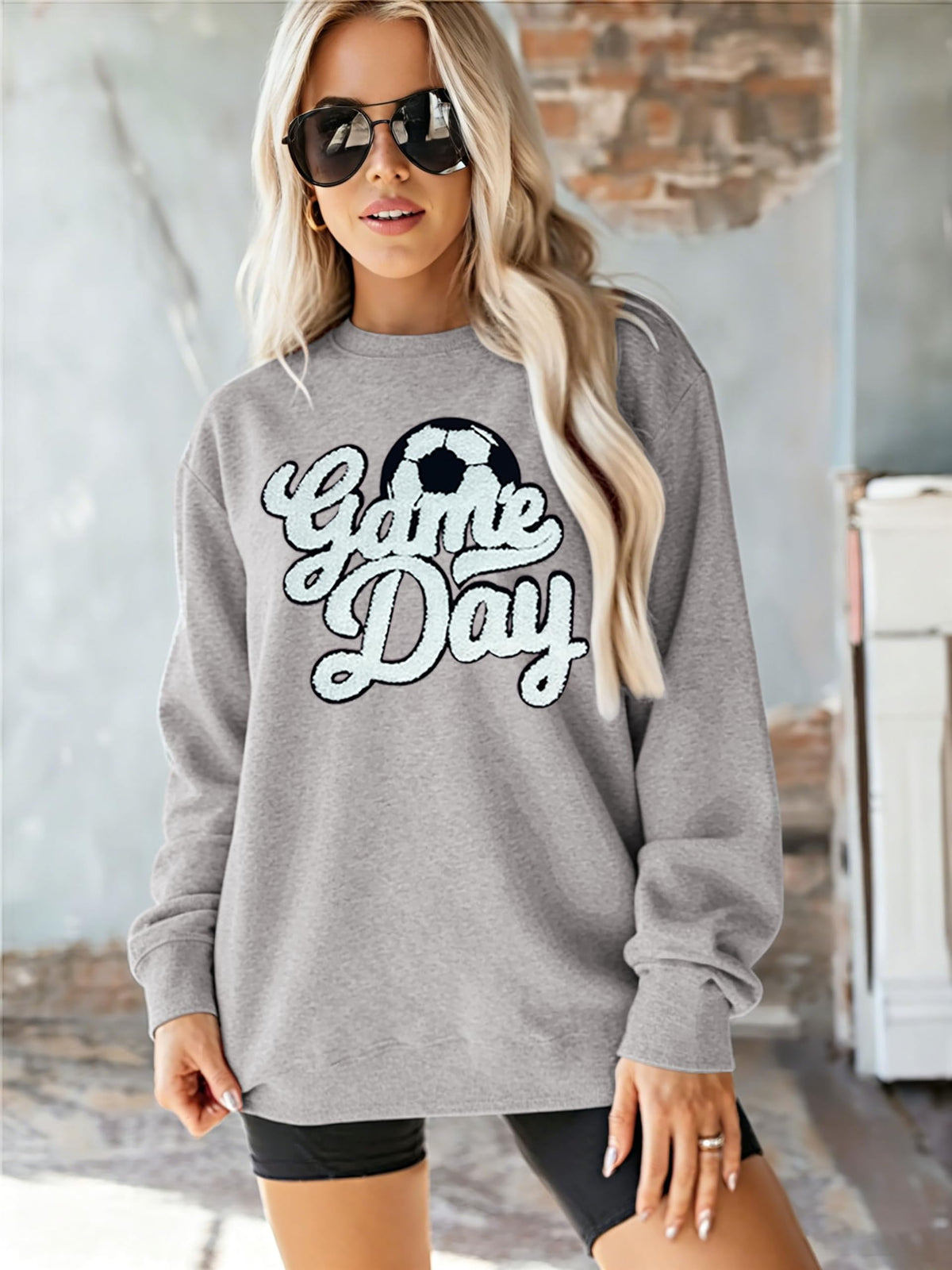 Game Day Soccer Sweatshirt Women Soccer Season Chenille Patch Pullover Top Causal Long Sleeve Football Top