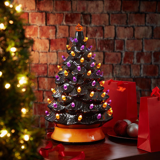 Casafield Hand Painted Ceramic Halloween Tree, 24-Inch Pre-Lit Decoration with 148 Multi-Color Lights, Jack-O-Lantern and Star Toppers