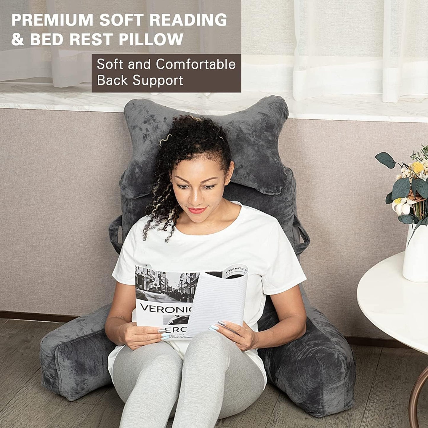 Reading Pillow-Extra Large 31" Bed Rest Pillow with Detachable Neck Roll & Arms for Sitting in Bed or Couch-Backrest Reading Pillow Adult Back Pillows for Reading,Watching TV,Gaming,Relaxing-Black