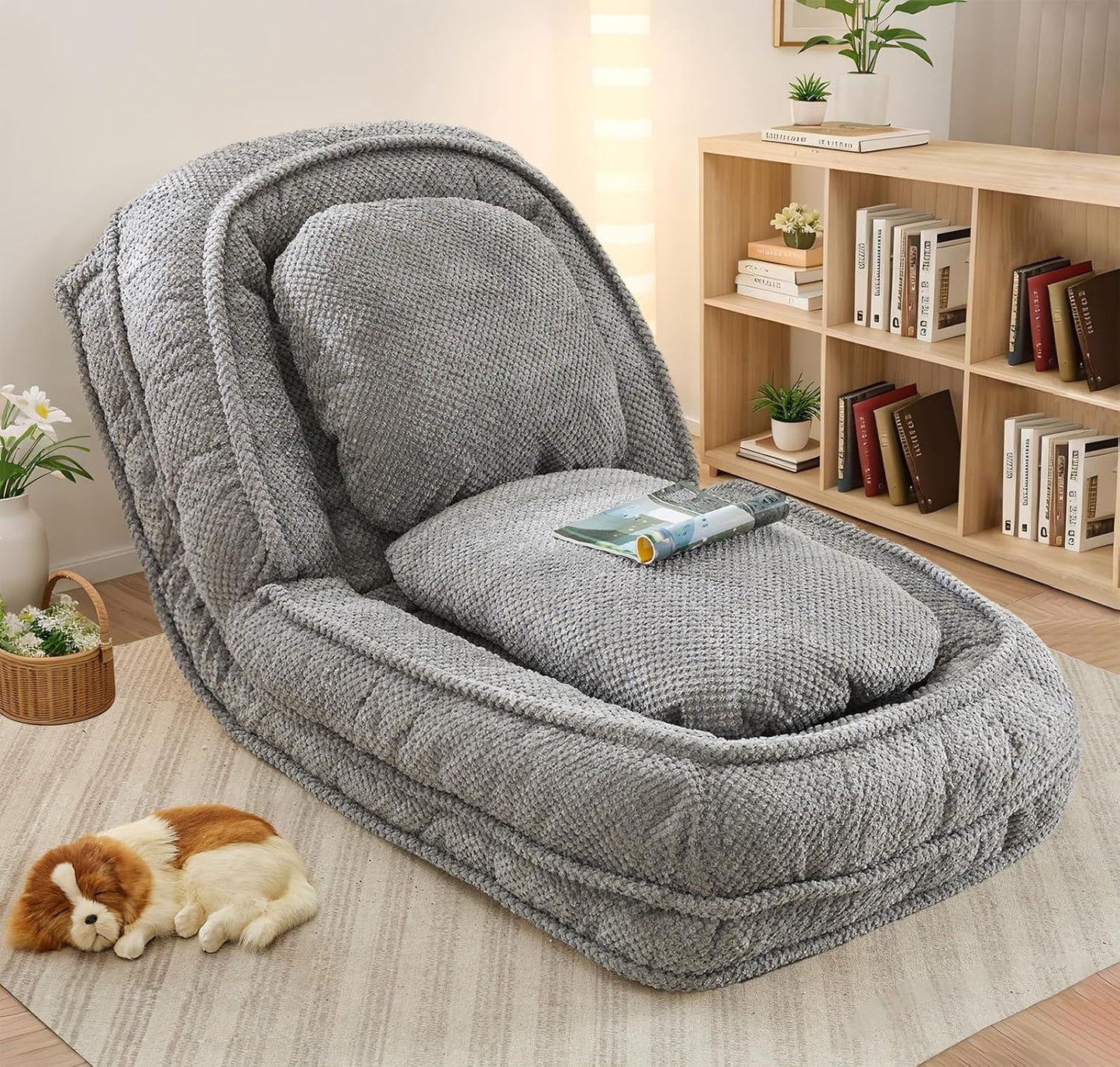 Upholstered Convertible Lounge Chair with 2 Soft Pillows
