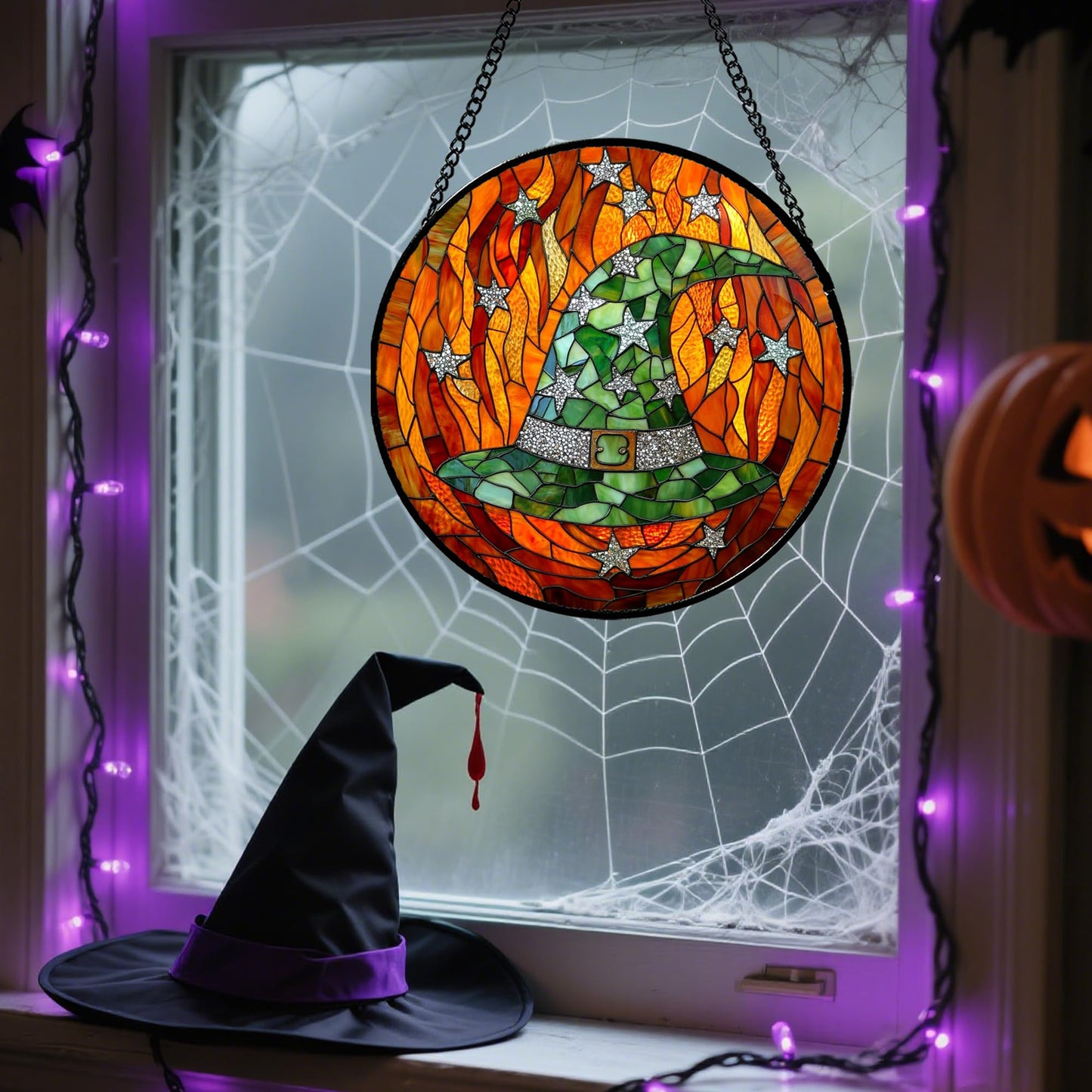 Stained Glass Window Hanging, Halloween Decorations Evil Pumpkin Suncatcher for Doors Garden Indoor Spooky Funny Orange Sun Catchers Gothic Decor Horror Gifts for Women Men Friend 15 in