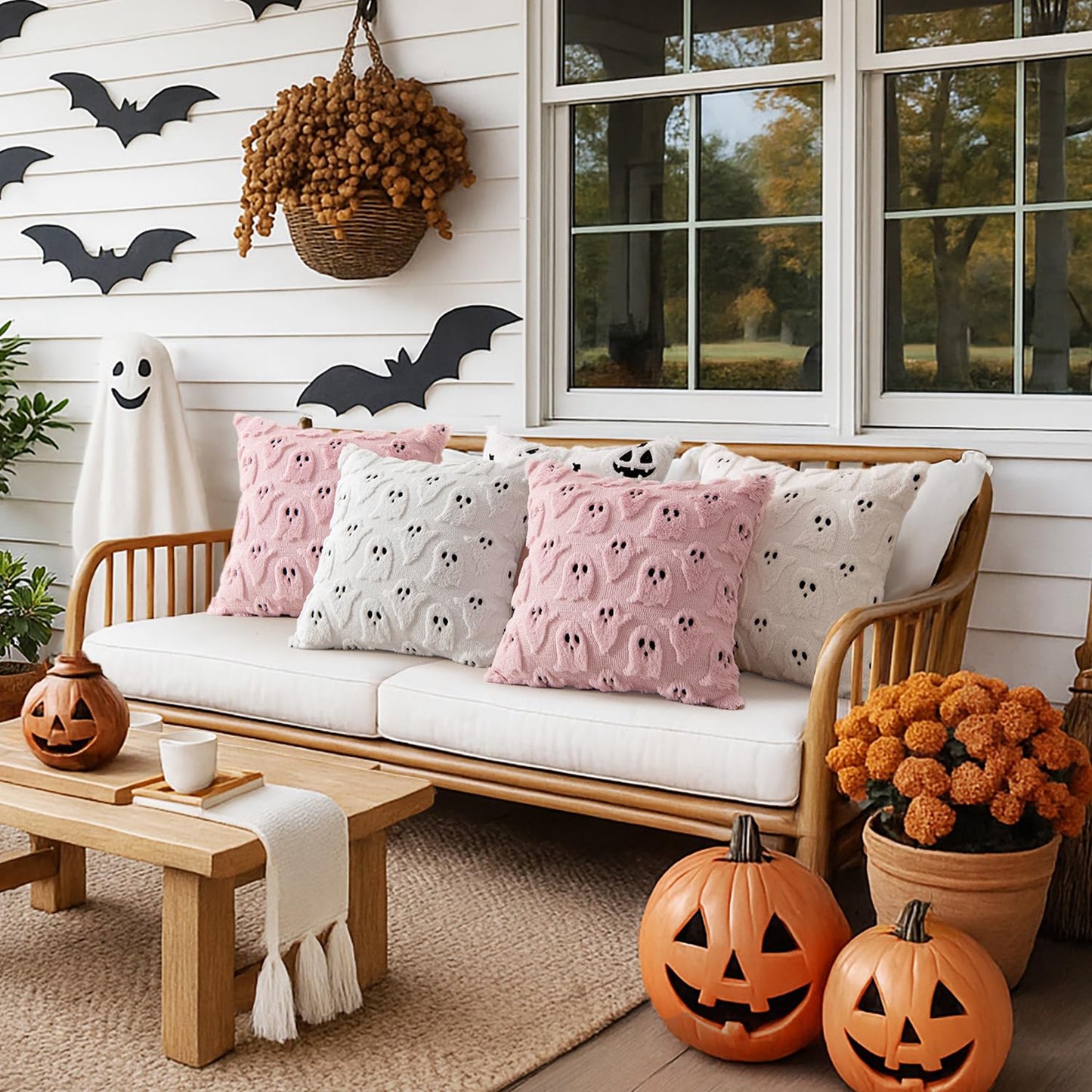 MIULEE Cute Ghost Halloween Pillow Covers 20x20 Inch Set of 2 White | Soft Plush Faux Fur Throw Pillows Spooky Fall Decorative Cushion Covers for Couch Sofa Bed Porch Living Room