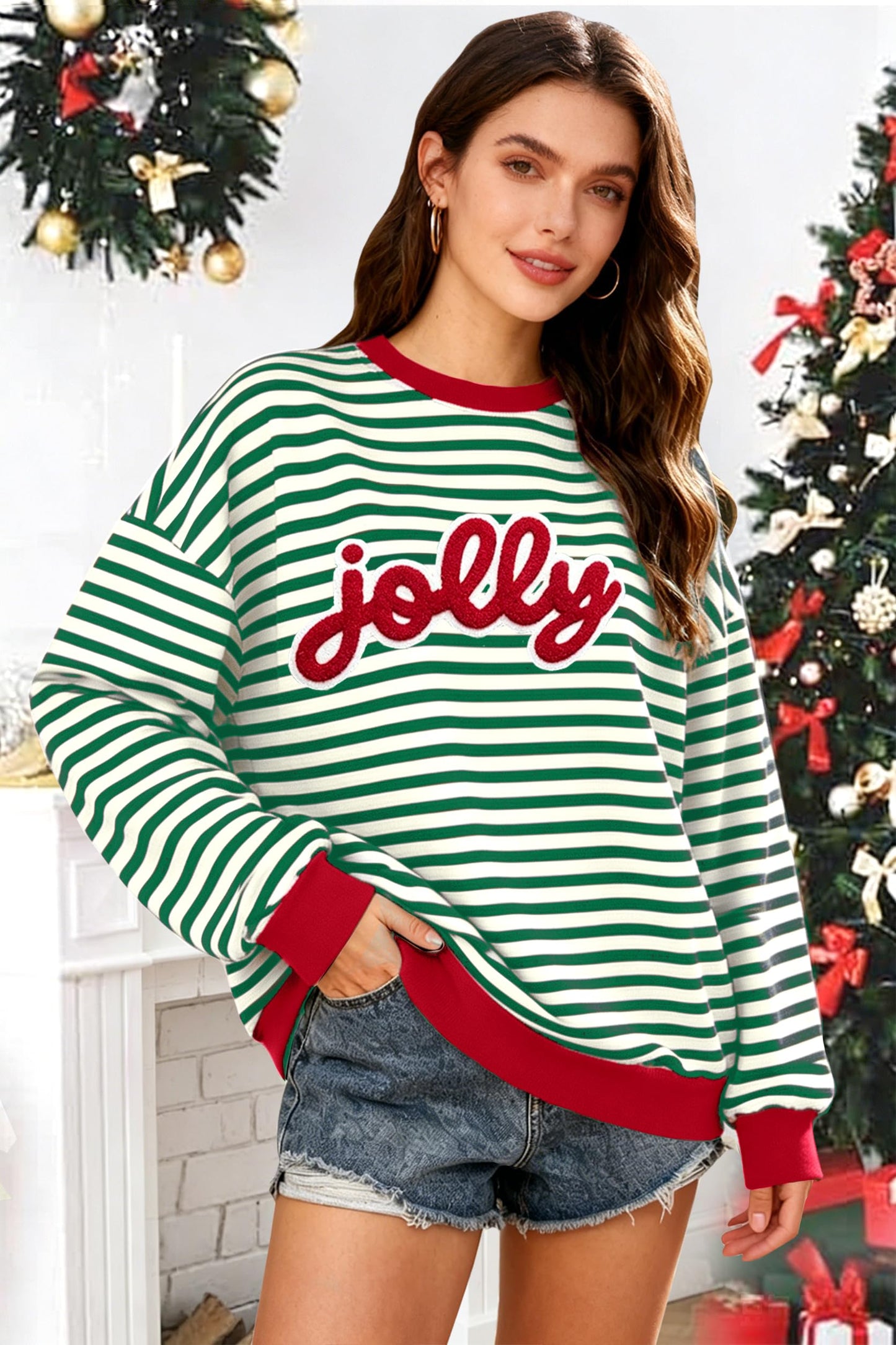 Christmas Sweatshirts For Women Jolly Glitter Patch Striped Sweater