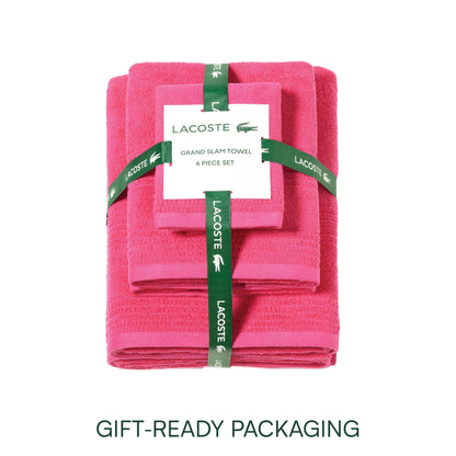 Lacoste Grand Slam 6-Piece Towel Set – Soft and Absorbent 100% Cotton Towels for Bathroom, Quick-Drying – Includes 2 Bath Towels, 2 Hand Towels, 2 Washcloths, Magenta