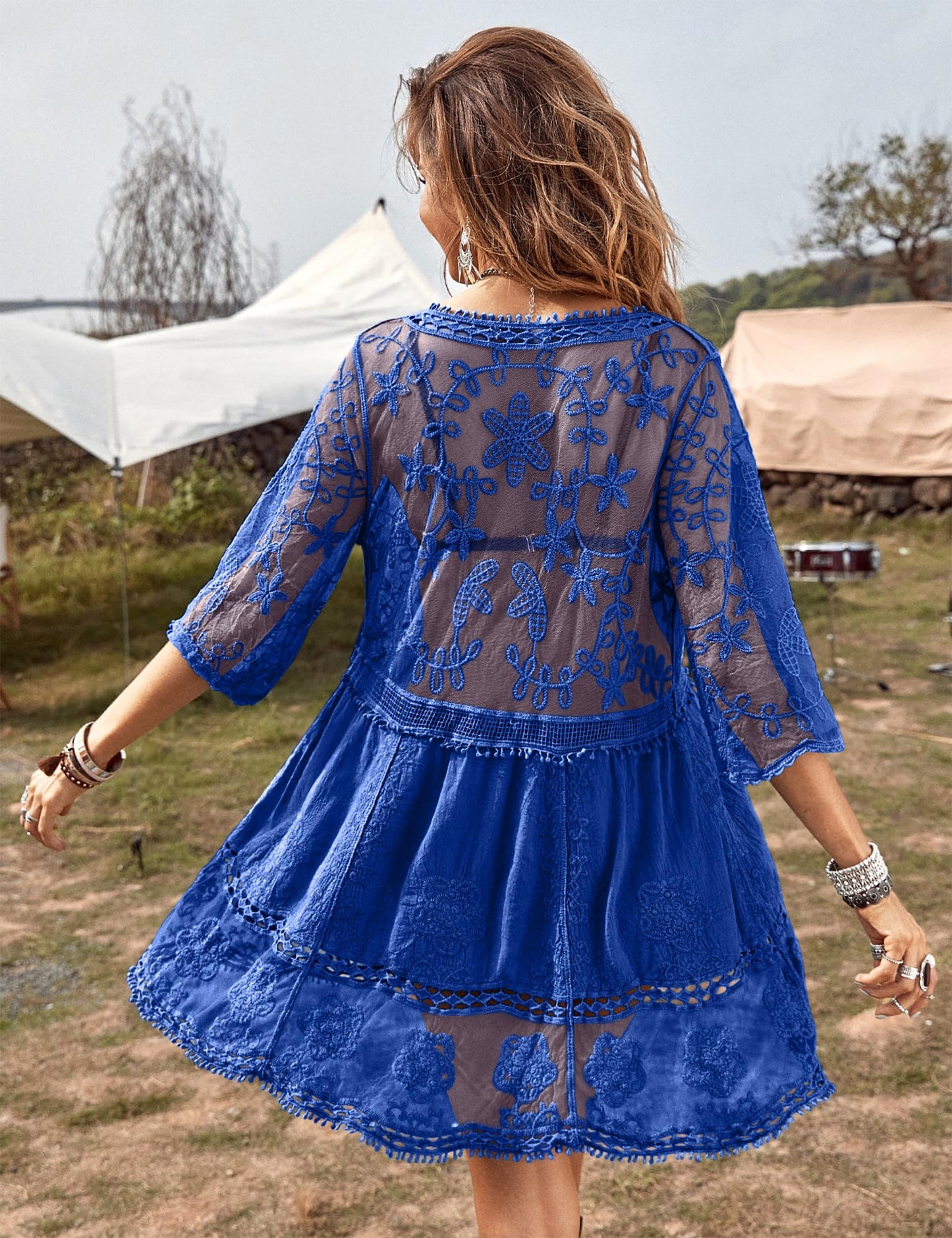 Eomenie Women's Contrast Lace Bathing Suit Cover Up V-Neck Swimsuit Coverups Loose Swimwear Beach Dress Beachwear