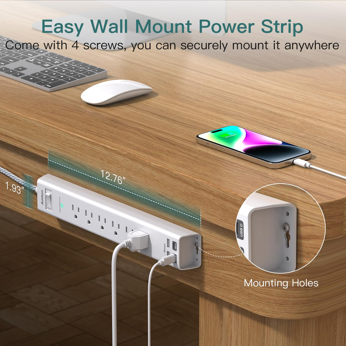 Addtam Power Strip Surge Protector - 15ft Long Extension Cord