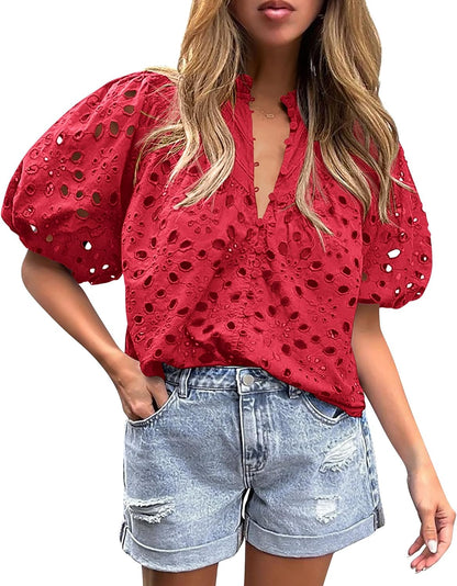 PRETTYGARDEN Womens Tops Boho Eyelet Puff Sleeve Blouse